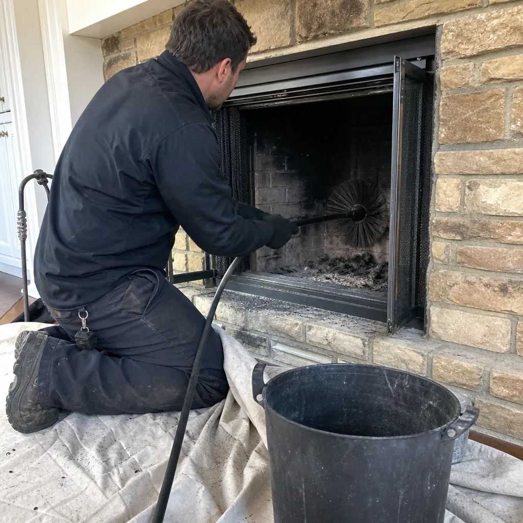 Professional chimney sweep cleaning a brick fireplace with a rotary brush