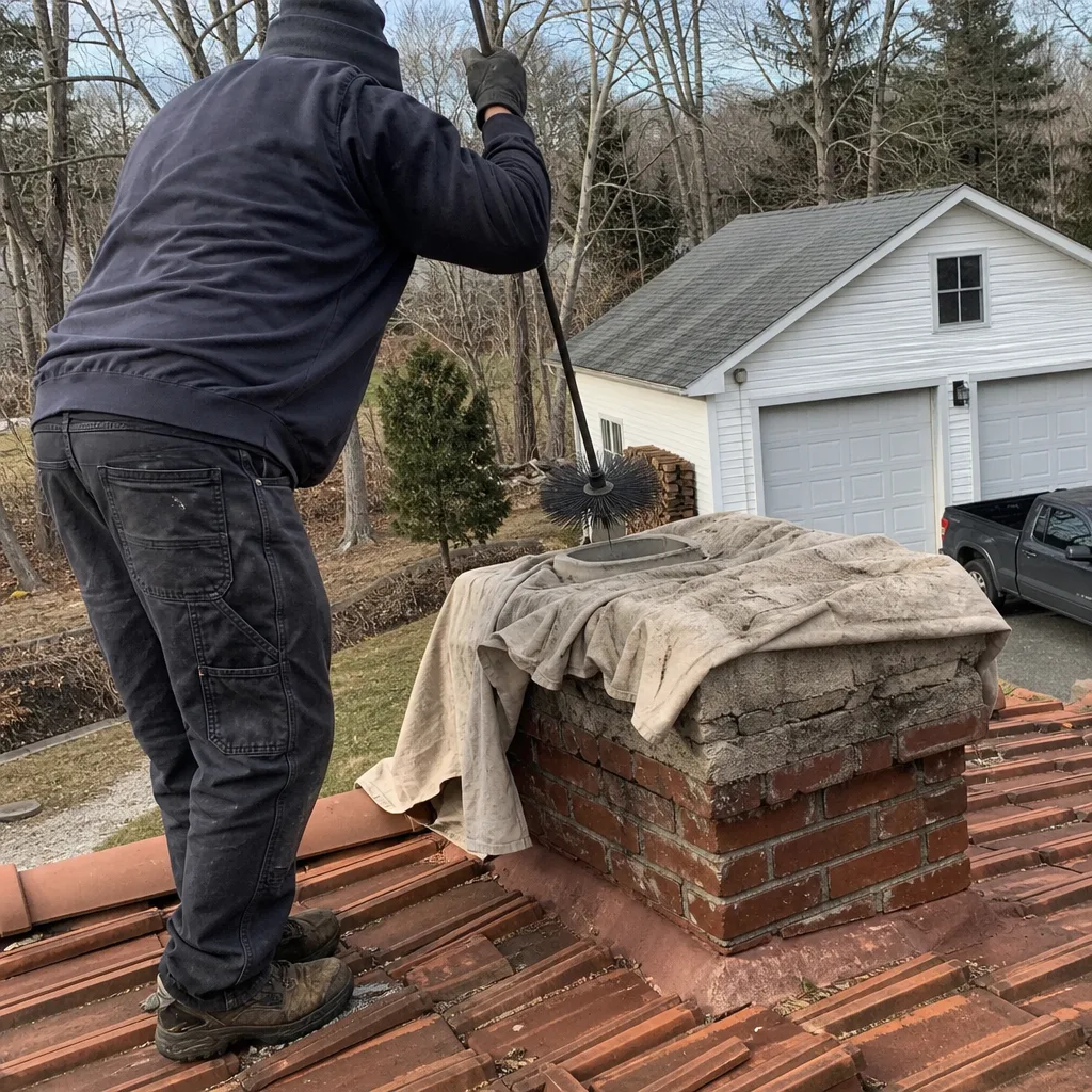 Professional chimney sweep cleaning a brick chimney with a brush on roof