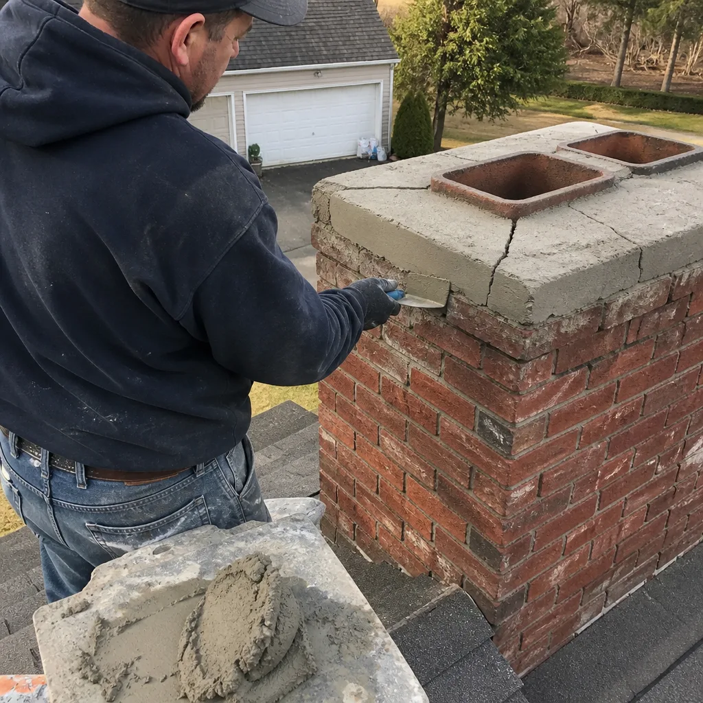 Professional technician repairing a brick chimney crown with mortar on a roof