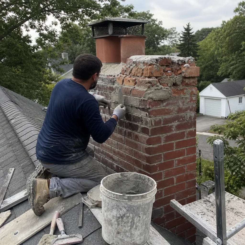 Professional technician performing brick chimney repair and tuckpointing on a roof.
