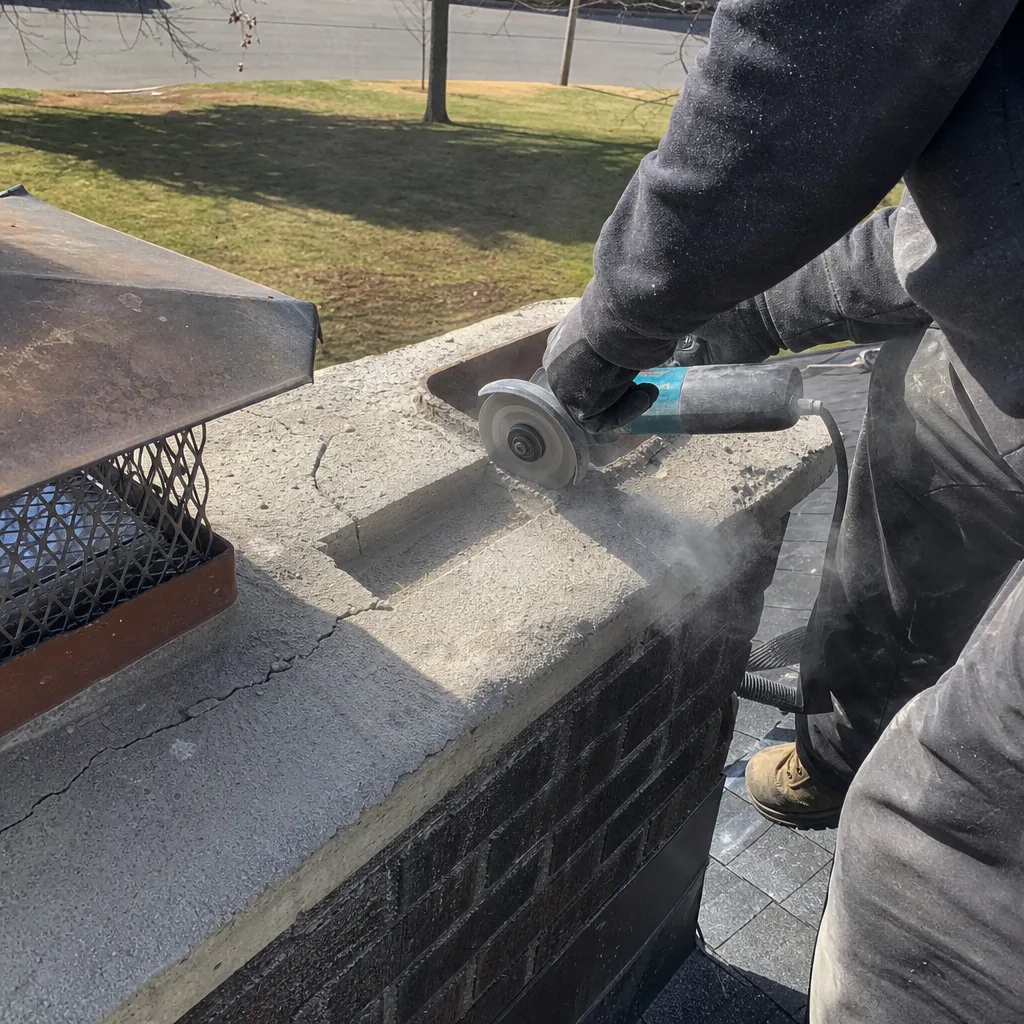 Technician using an angle grinder to repair a concrete chimney cap