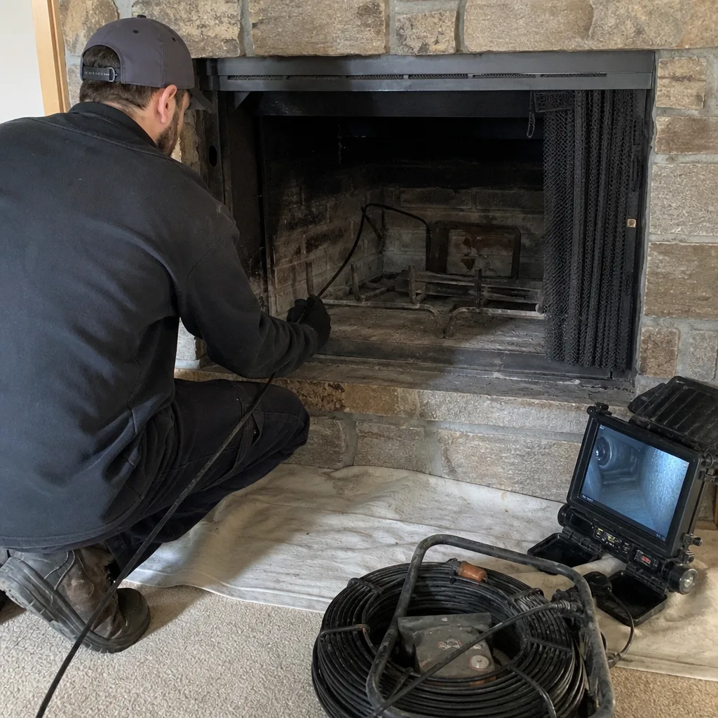 Professional technician performing a chimney sweep inspection with a camera system
