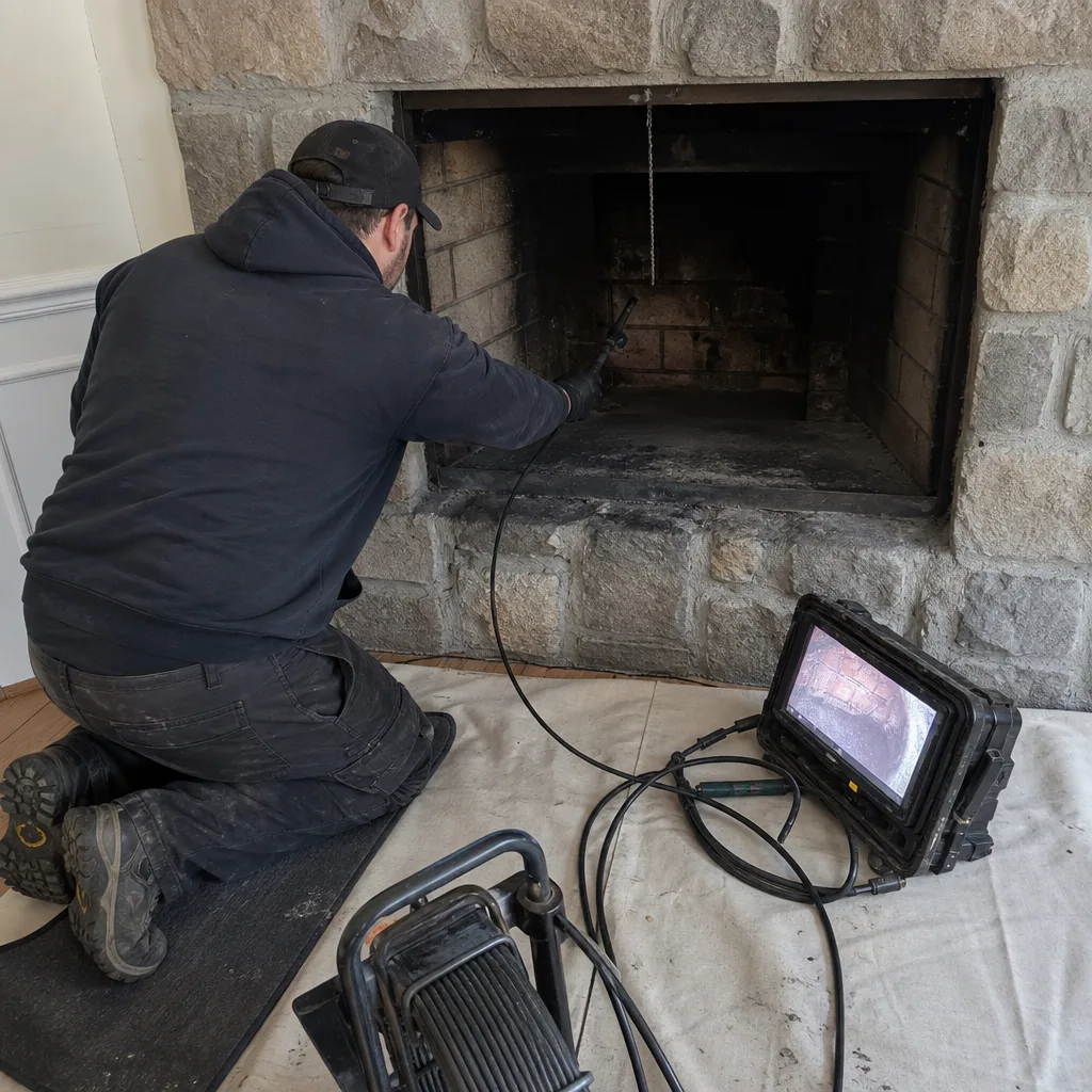Technician using video camera for professional fireplace and chimney inspection