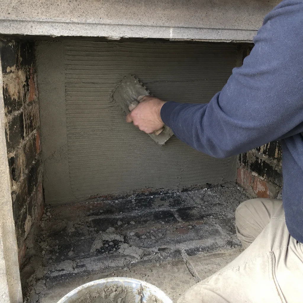 Professional contractor applying mortar to fireplace wall with notched trowel