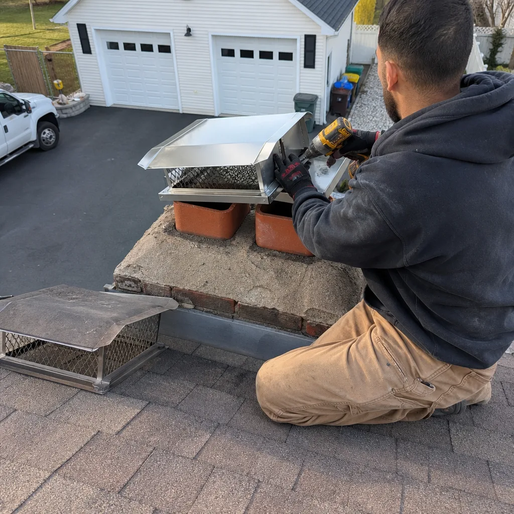 Professional installing a new stainless steel chimney cap on a brick chimney in Bristol, CT